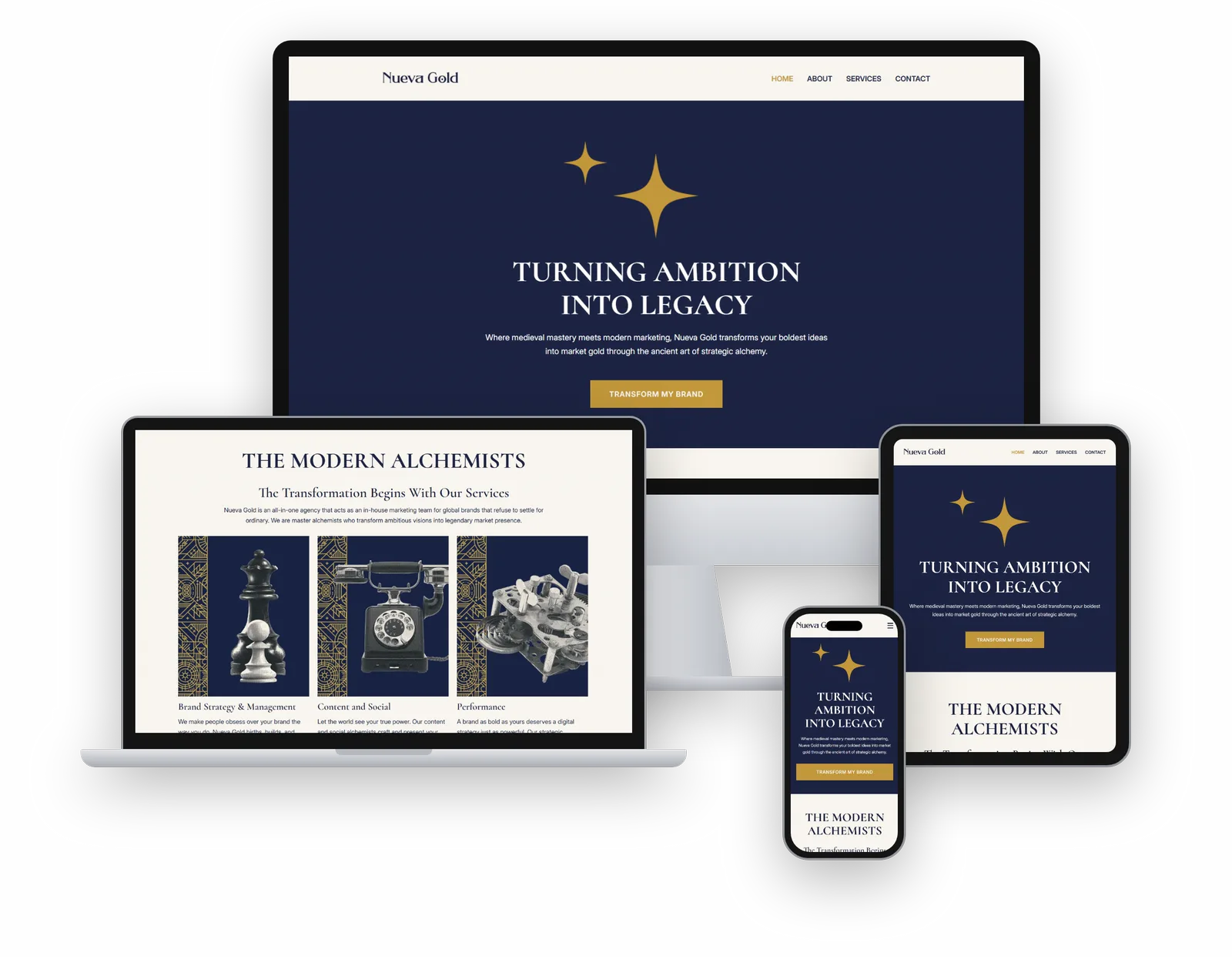 The Nueva Gold website shown on an iMac, a MacBook, an iPad and an iPhone