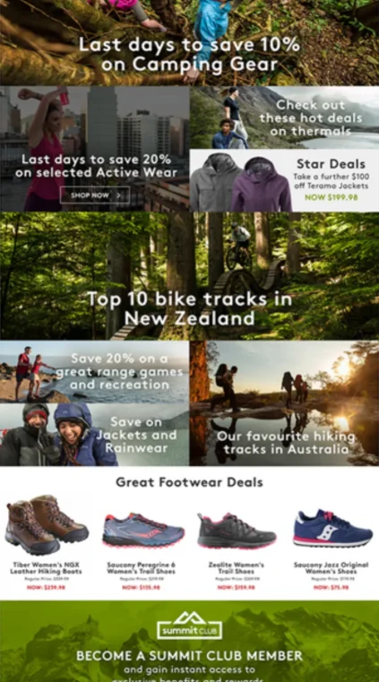 Kathmandu email: last days to save 10% on camping gear, deals on active wear, thermals and jackets, bike and hiking track stories, footwear deals and the Summit Club