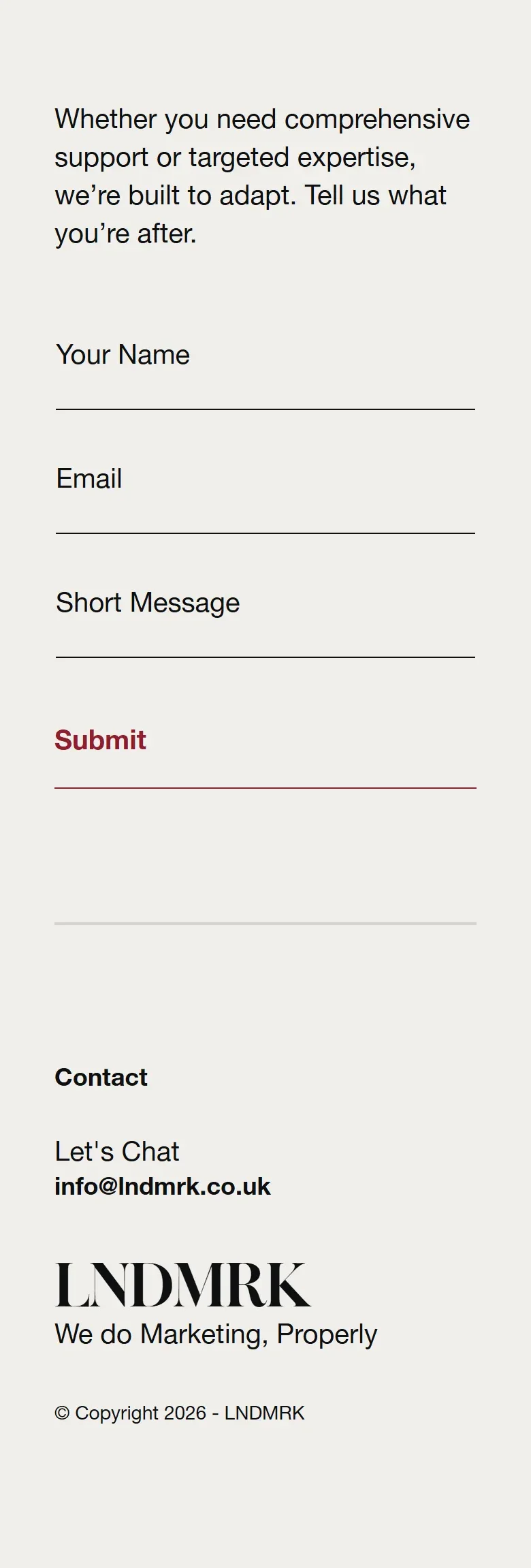 The LNDMRK contact form on a phone