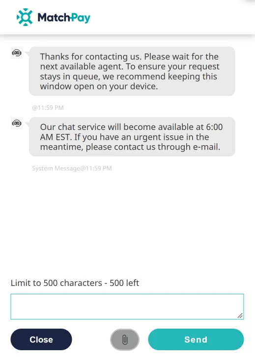 MatchPay live chat window: two system messages, a 500-character message box, and Close, attach and Send buttons