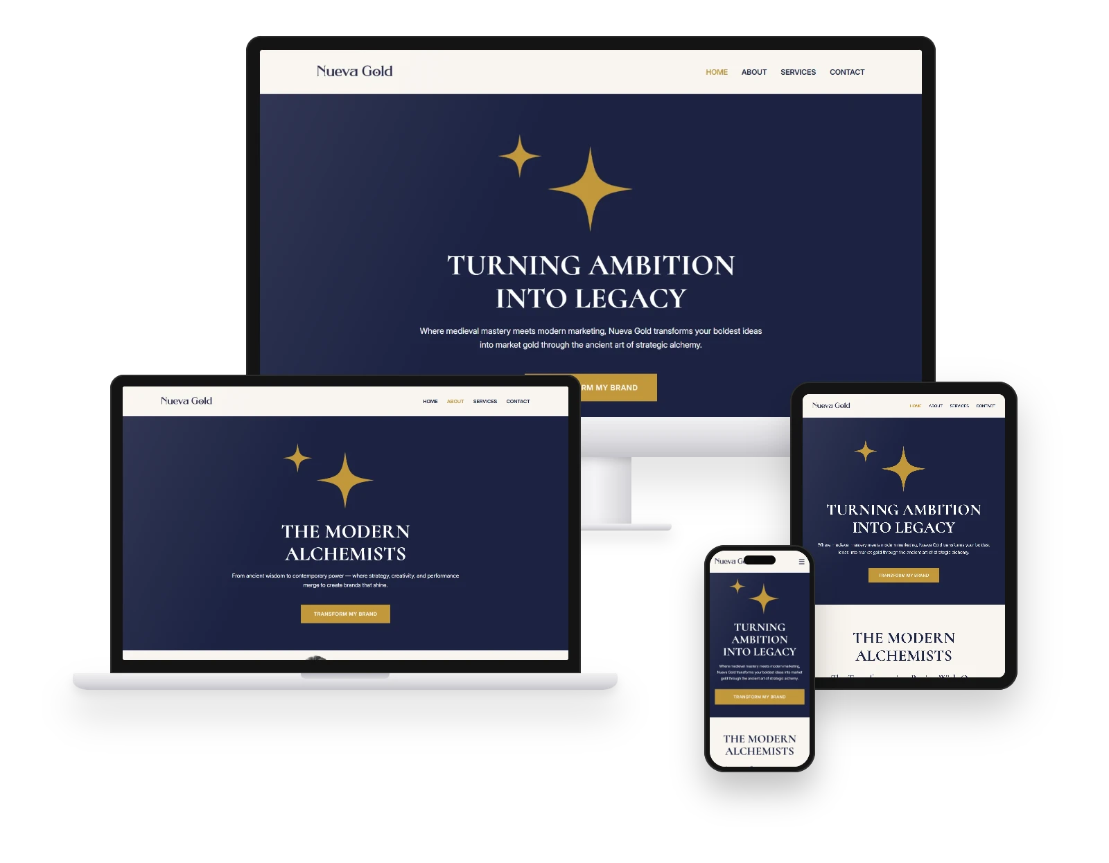 The Nueva Gold website on an iMac, a MacBook, an iPad and an iPhone