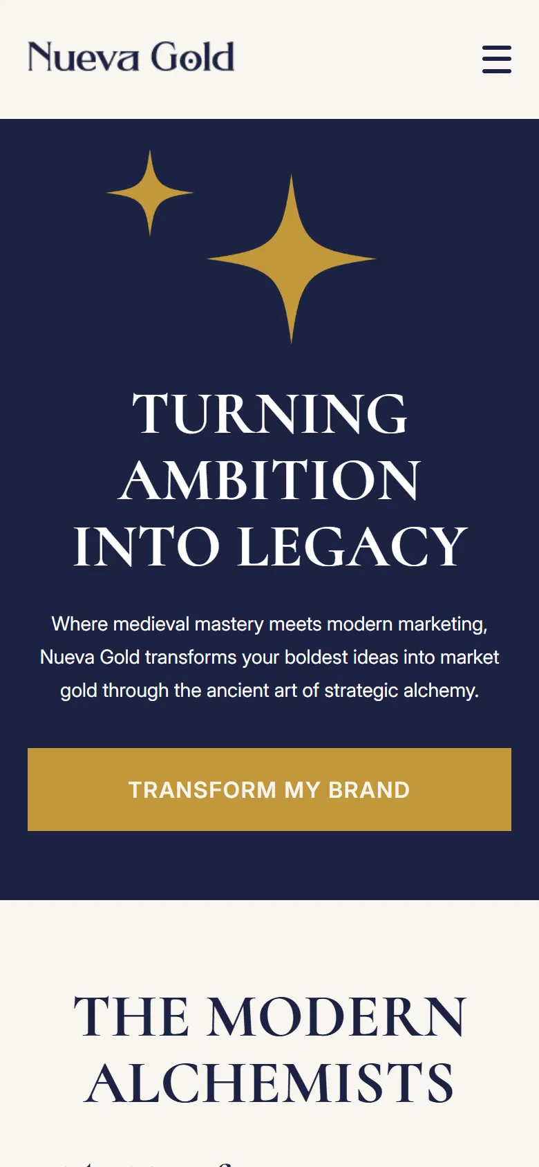 The Nueva Gold home page on a phone
