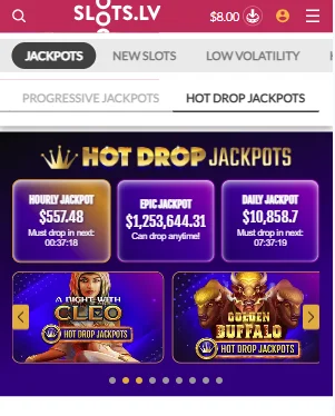 Slots.lv Hot Drop Jackpots on a phone: hourly, epic and daily jackpot amounts with countdowns, above a game carousel