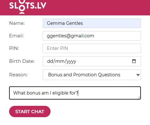 Slots.lv live chat form: name, email, PIN, birth date, reason and message fields, and a Start Chat button