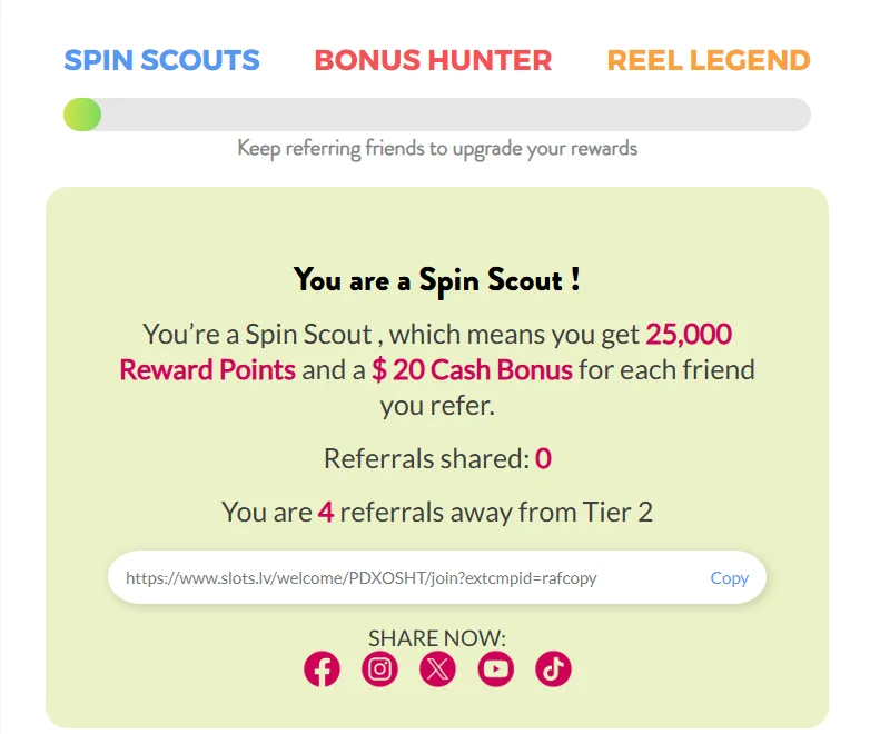 Slots.lv Refer and Earn: the member's referral tier on a progress bar, their rewards, referrals so far, share link and share buttons