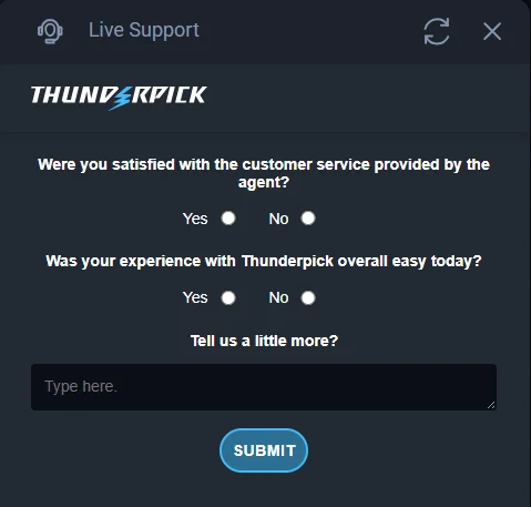 Thunderpick live support survey: two yes or no questions, a comments box and a Submit button